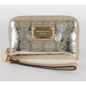 MICHAEL KORS Gunmetal Silver Metallic Mirrored MK Logo Zip Around Wallet Wristle
